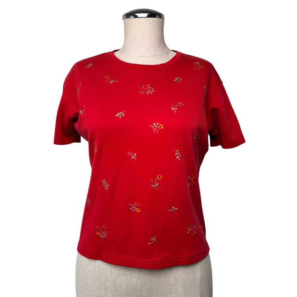 Talbots Petites Red Floral Embroidered Beaded T-Shirt Cotton Cottagecore Petite